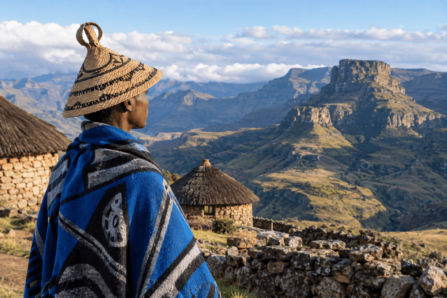 A Basotho person wearing a traditional mokorotlo hat and blue patterned blanket stands beside stone walls and thatched homes, overlooking the dramatic highland mountains of Lesotho.