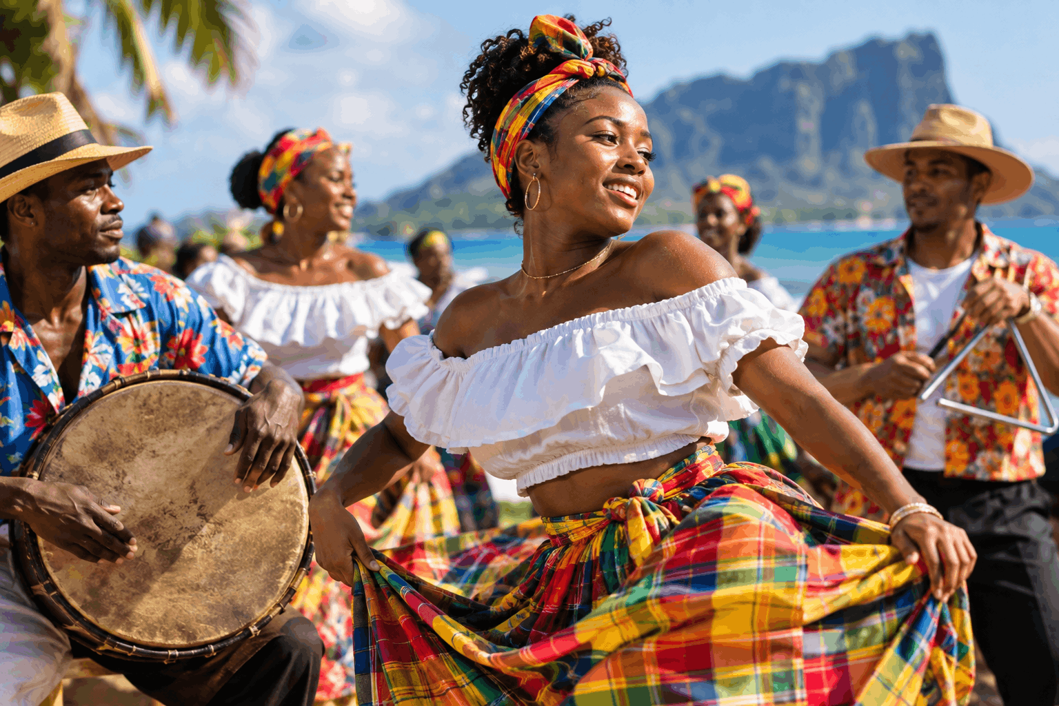 Mauritian sega dancers perform beside the ocean, with a woman in a colorful traditional skirt dancing while musicians play a drum and triangle in the background.
