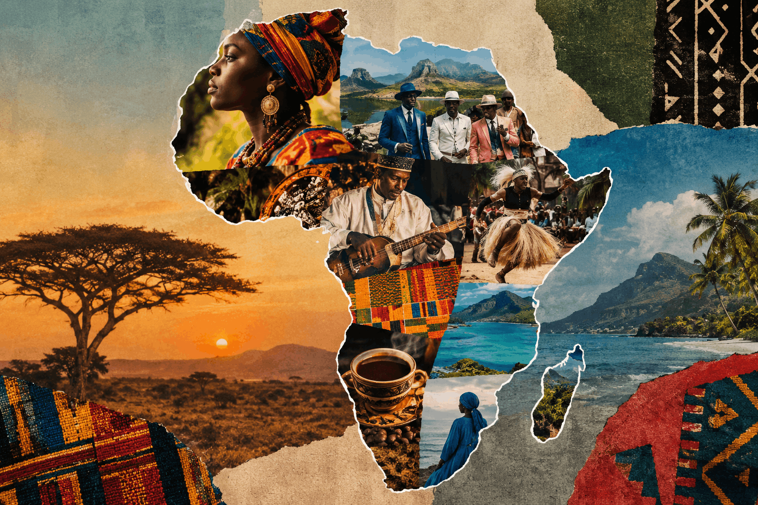 A collage-shaped map of Africa filled with photographs of African people, traditional dress, music and dance, textiles, coffee, wildlife, savanna, mountains, beaches, and cultural scenes, representing the diversity explored across all 54 African countries.