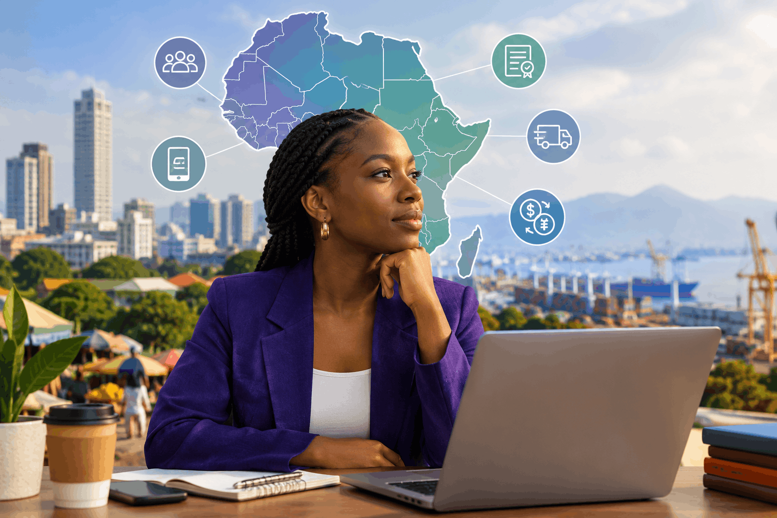 African businesswoman working on a laptop with a map of Africa and visual symbols representing payments, logistics, regulation, and finance in the background.