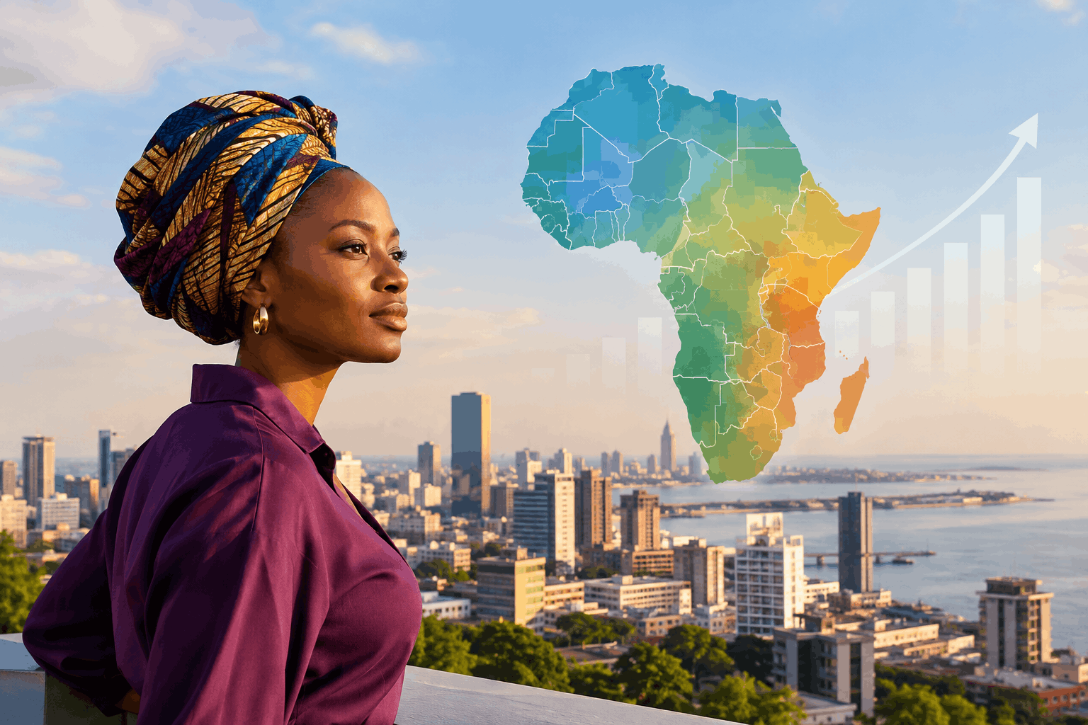 Editorial image of an African woman in a vibrant headwrap overlooking a coastal city, with a colorful map of Africa and an upward economic growth graphic in the sky.
