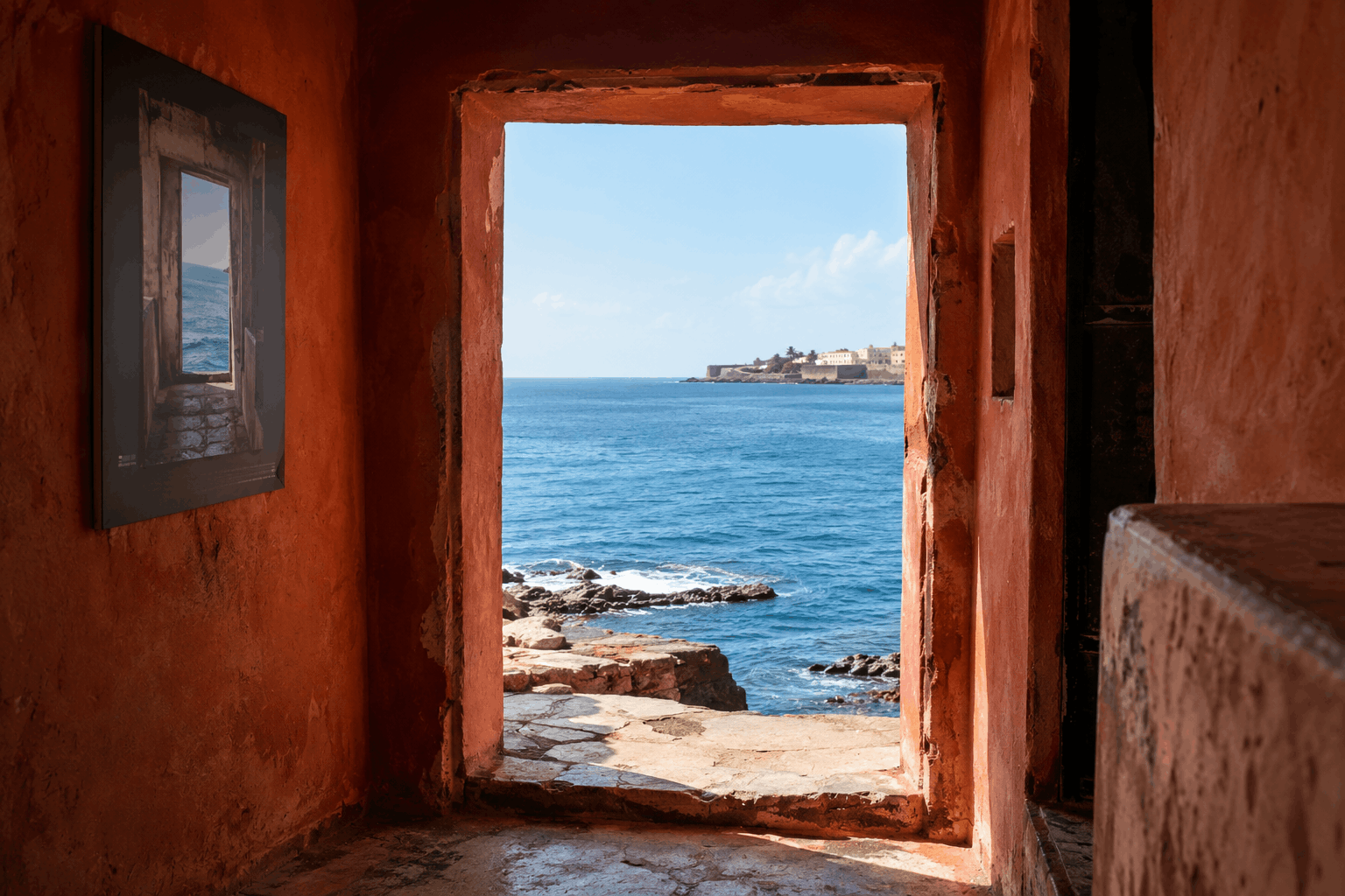 Historic doorway inside Gorée Island’s House of Slaves opening onto the Atlantic Ocean and rocky shoreline, Senegal.
