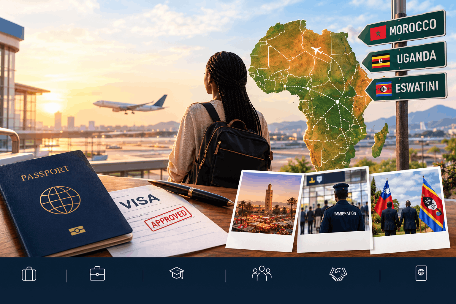 A Black woman with a backpack looks across an airport runway at sunset, with a passport and visa document in the foreground, an illustrated map of Africa with flight routes behind her, and signs for Morocco, Uganda, and Eswatini.