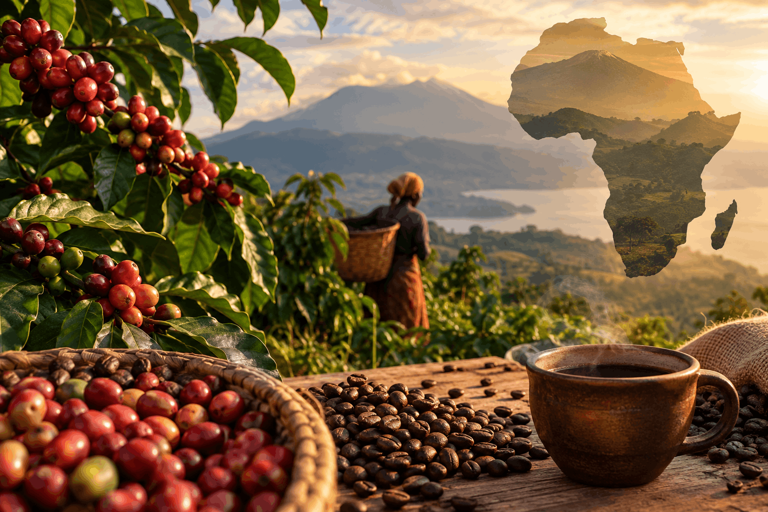 Coffee cherries growing on a coffee plant in an African highland landscape, with a coffee farmer in the background, roasted coffee beans and a traditional earthen cup in the foreground, and a subtle silhouette of Africa and Madagascar integrated into the scene.