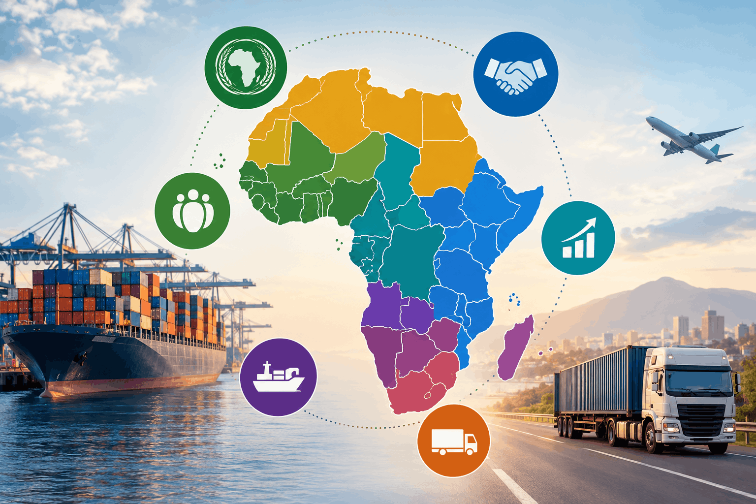 Ramani ya Afrika iliyopakwa rangi kwa kambi za biashara za kikanda, ikizungukwa na alama za mikataba ya biashara, watu, usafiri wa meli, ukuaji na usafirishaji wa barabarani, ikiwa na meli ya makontena bandarini upande mmoja na lori kwenye barabara ya pwani upande mwingine.