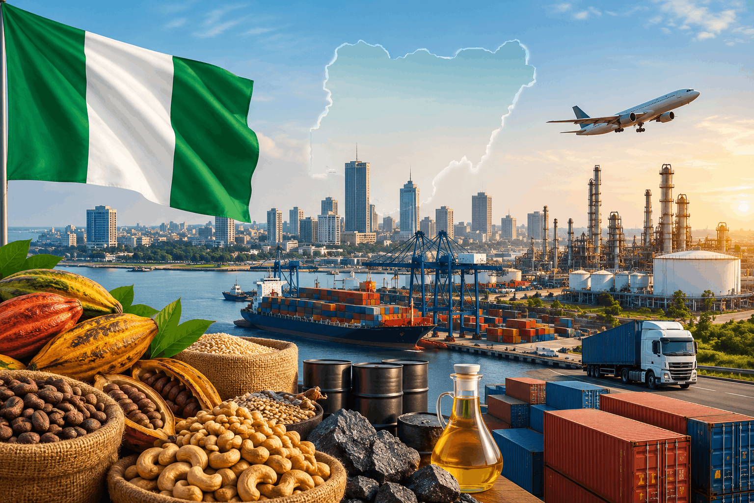 Nigeria's economy and trade represented through Lagos, a container port, oil refinery, cargo ship, truck, airplane, agricultural commodities, minerals and the Nigerian flag.