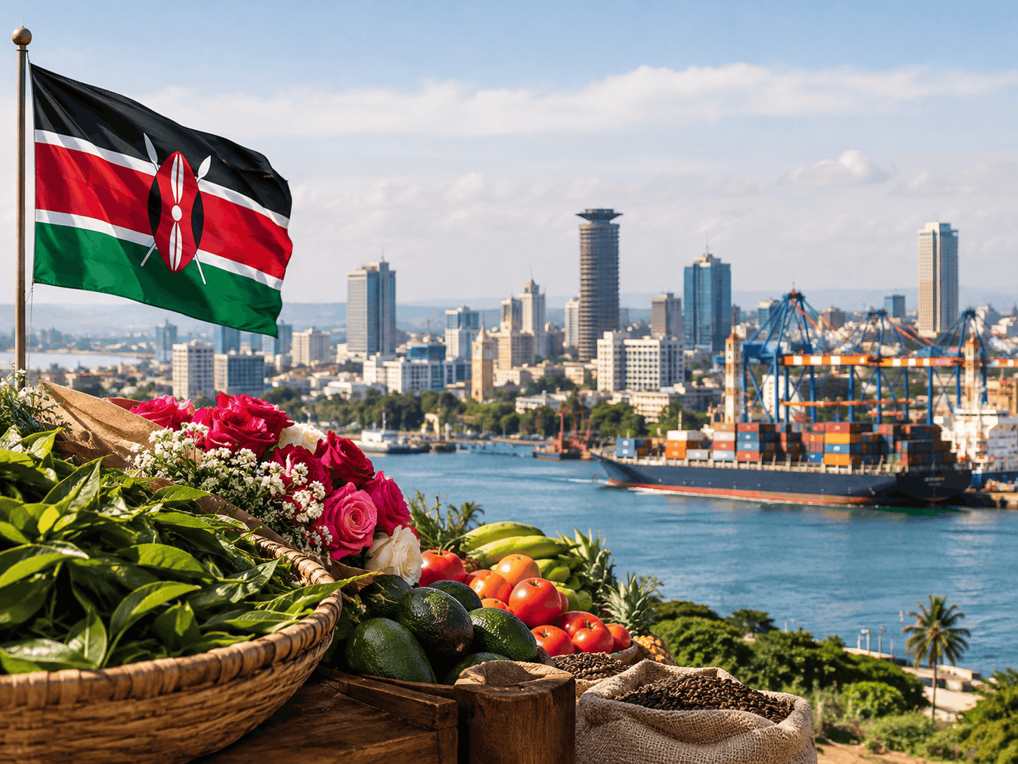 Uchumi na biashara ya Kenya vikionyeshwa kupitia bendera ya Kenya, mazao mabichi ya kilimo, maua na meli ya mizigo katika bandari yenye shughuli nyingi, huku majengo marefu ya jiji yakionekana nyuma.