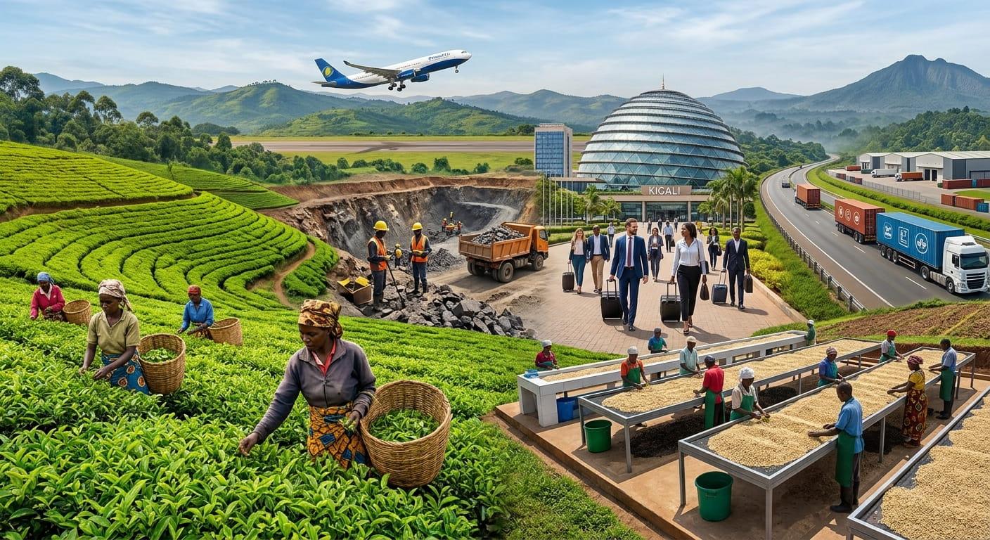 A composite photograph depicting various sectors of the Rwandan economy, including agriculture with farmers harvesting tea leaves and processing beans, a mining operation, a highway with freight trucks, and an urban center featuring the Kigali Convention Centre and business professionals walking with luggage, set against a backdrop of green hills with an airplane taking off and mountains.