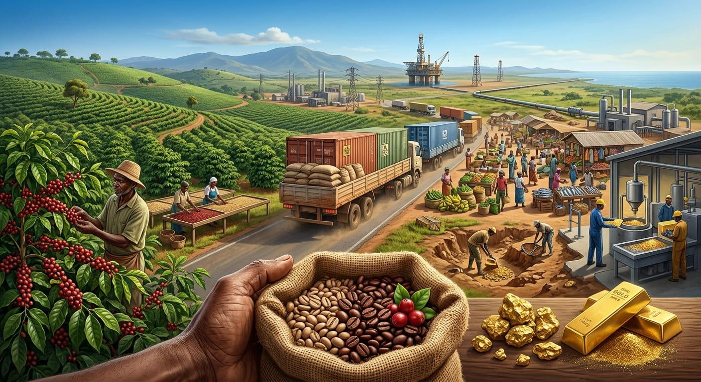 A detailed panoramic collage illustrating Uganda's diverse economy, featuring lush green coffee plantations with vibrant red coffee cherries, farmers harvesting and drying beans, a hand holding a burlap sack of coffee alongside gold nuggets and bullion, cargo trucks travelling along a trade route, a local agricultural market, gold processing and artisanal mining operations, and an oil rig near a lake in the background.