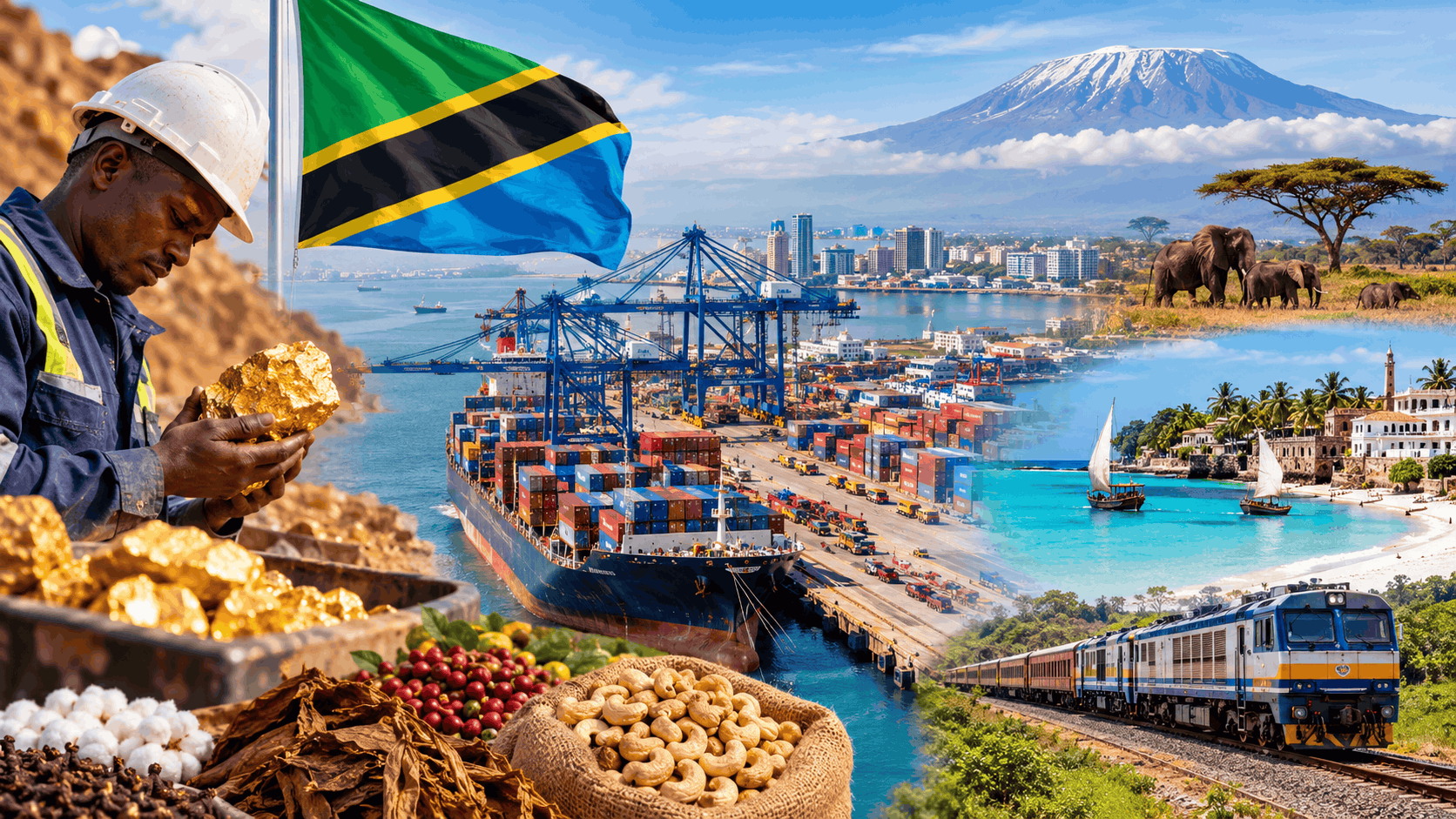 A visual representation of Tanzania’s economy, featuring gold mining, the Port of Dar es Salaam, agricultural exports, the railway network, Mount Kilimanjaro, wildlife tourism and Zanzibar’s coastline.