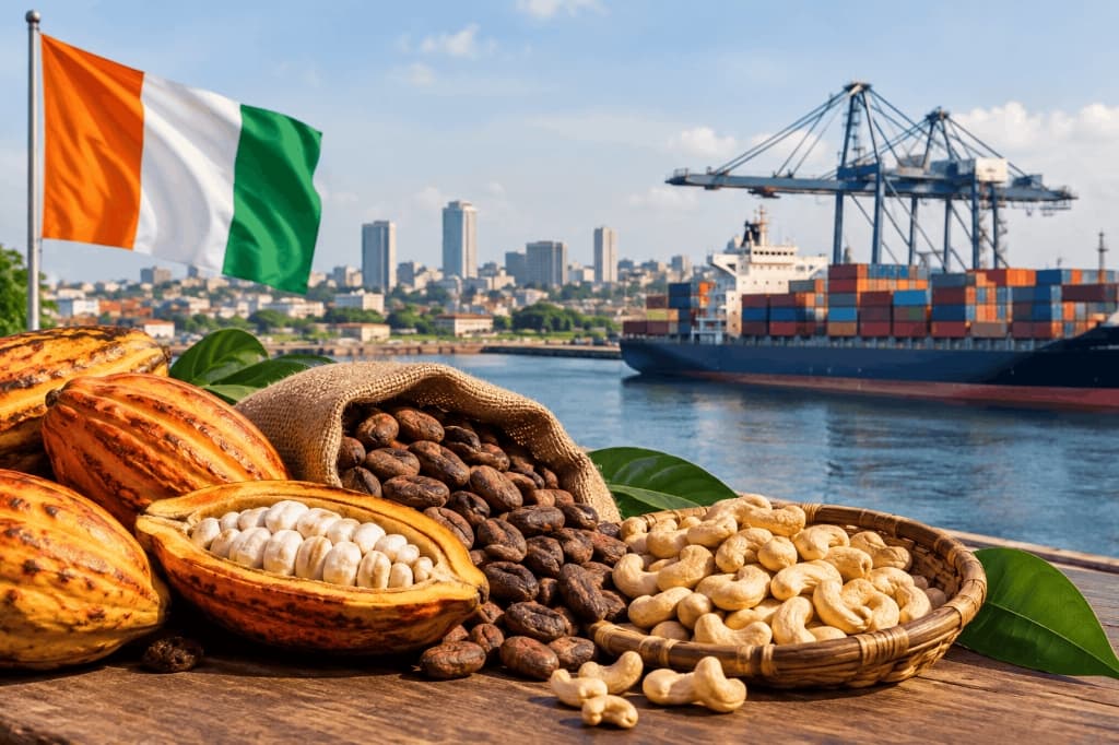 Cocoa pods, cocoa beans and cashew nuts in the foreground, with the Côte d’Ivoire flag, Abidjan’s skyline and a container ship at the port in the background, illustrating the country’s agricultural exports and international trade.
