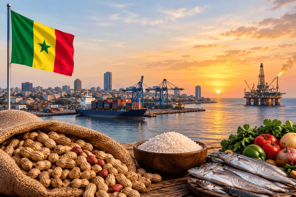 Senegal’s economy represented by peanuts, rice, fresh fish and produce in the foreground, with the Senegalese flag, Dakar’s port, a container ship and an offshore oil platform at sunset.