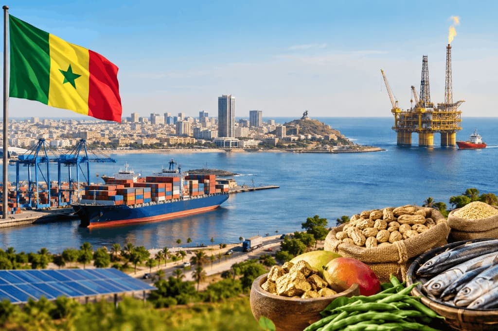 Senegal’s economy, featuring Dakar’s coastline and city skyline, a container port, an offshore oil platform, solar panels, and agricultural products including groundnuts, fish, fruit and vegetables.