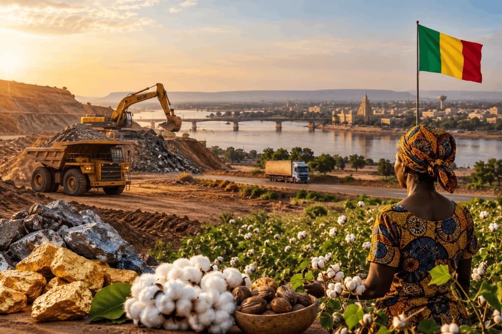 A wide view of Mali’s economy, showing gold mining machinery, cotton fields, agricultural produce, a truck transporting goods, a river crossing and the Malian flag at sunset.