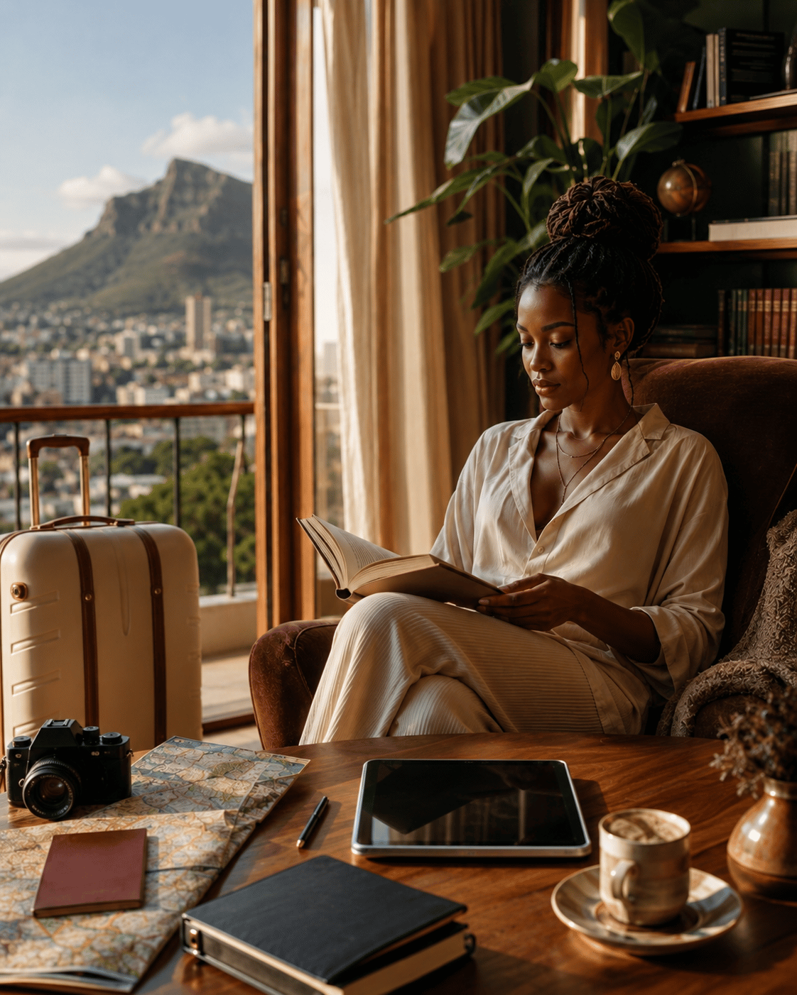 A woman reading a book in a sunlit chair overlooking Table Mountain, with a suitcase, camera and travel journals nearby