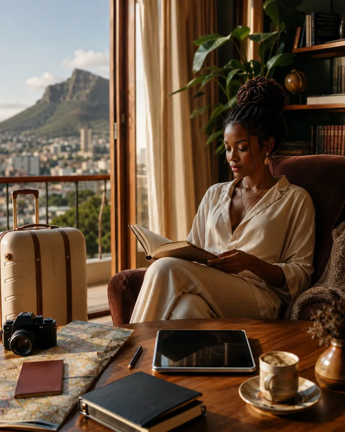 A woman reading a book in a sunlit chair overlooking Table Mountain, with a suitcase, camera and travel journals nearby