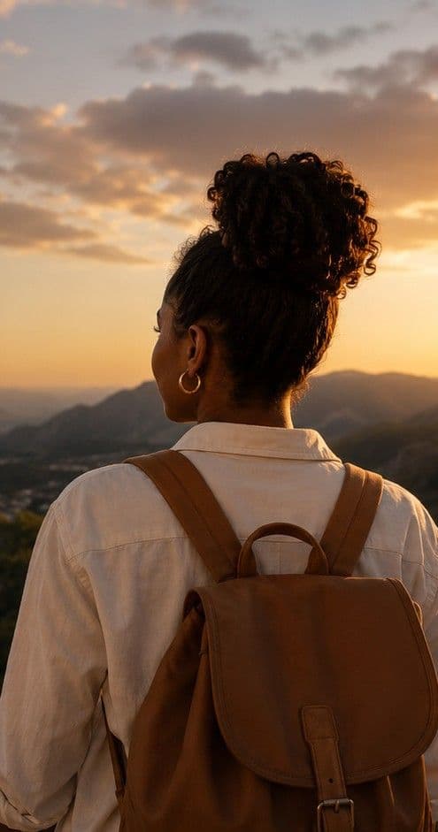 A woman with a backpack looking out over hills at sunset