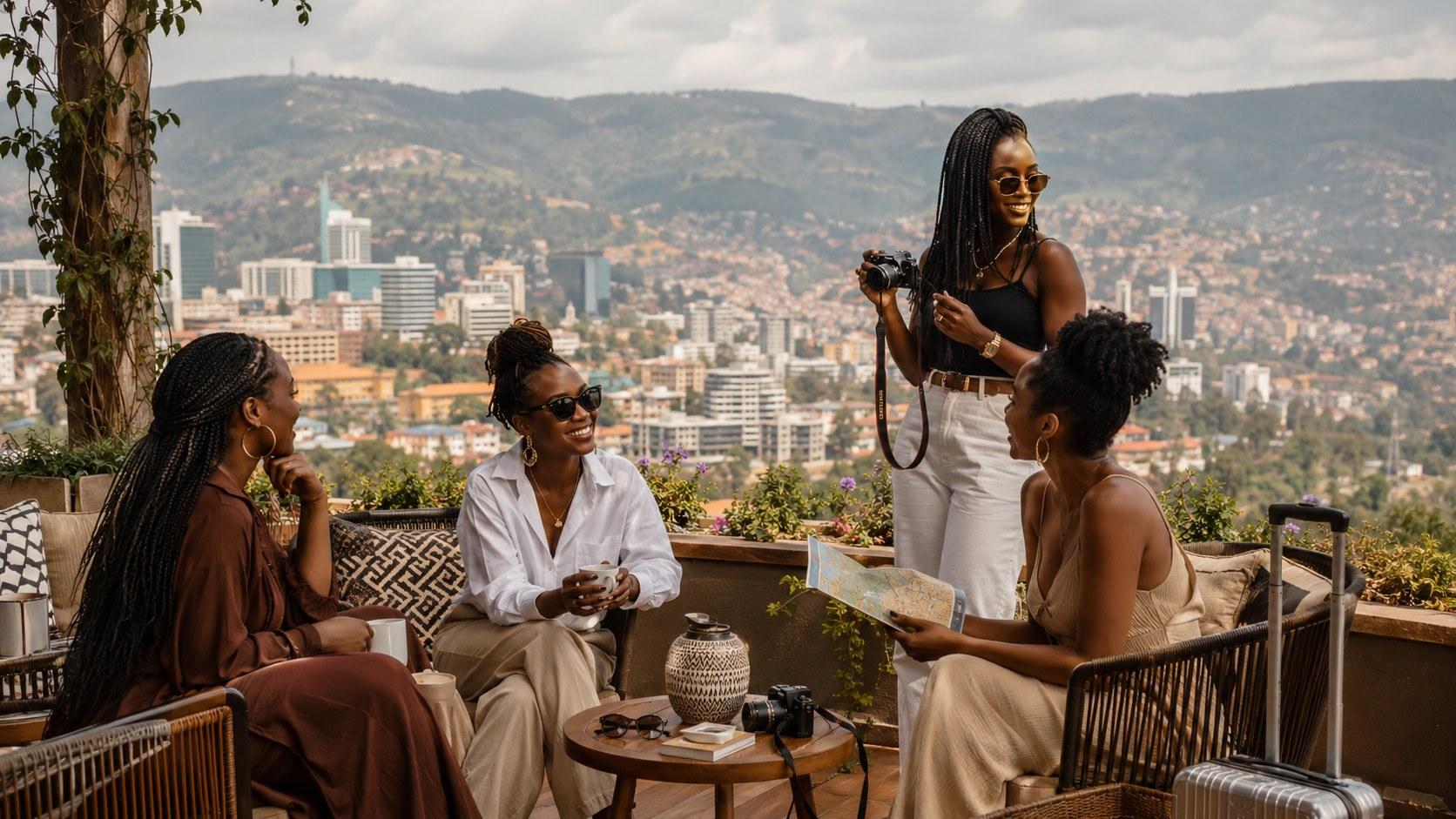 A group of women laughing and taking photos on a terrace overlooking Kigali, Rwanda