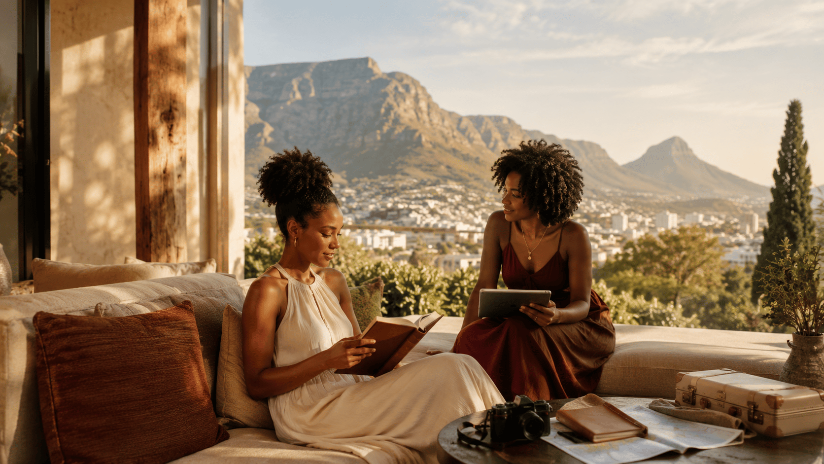 Two women reading and talking on a sunlit terrace overlooking Table Mountain and the city below