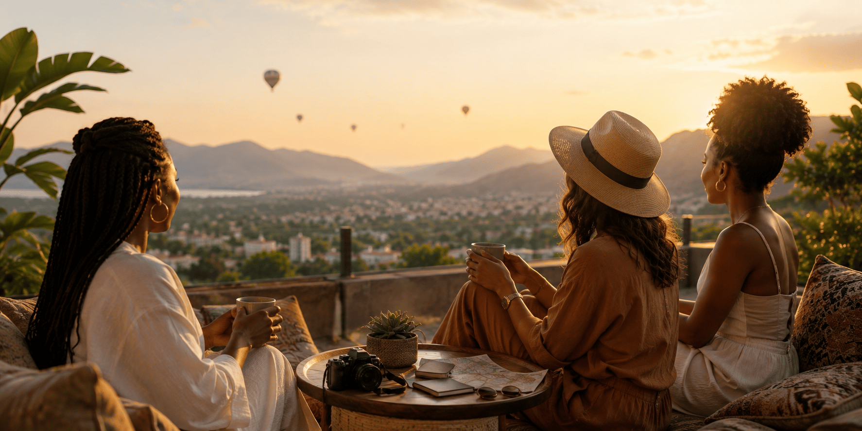 Three women relaxing on a terrace at sunset, watching hot air balloons drift over a mountain valley