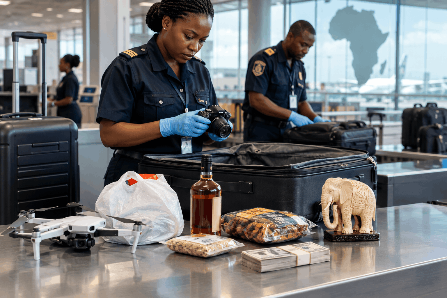 Customs officers at an African airport inspect a drone, alcohol, cash and an ivory carving