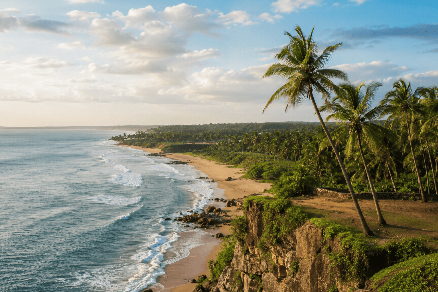 A panoramic aerial view of a pristine tropical coastline with golden sandy beaches, turquoise ocean waves, lush palm trees, and rugged cliffs under a bright blue sky. The expansive landscape is free from crowds, conveying the beauty of unspoiled coastal destinations and the importance of sustainable tourism.*