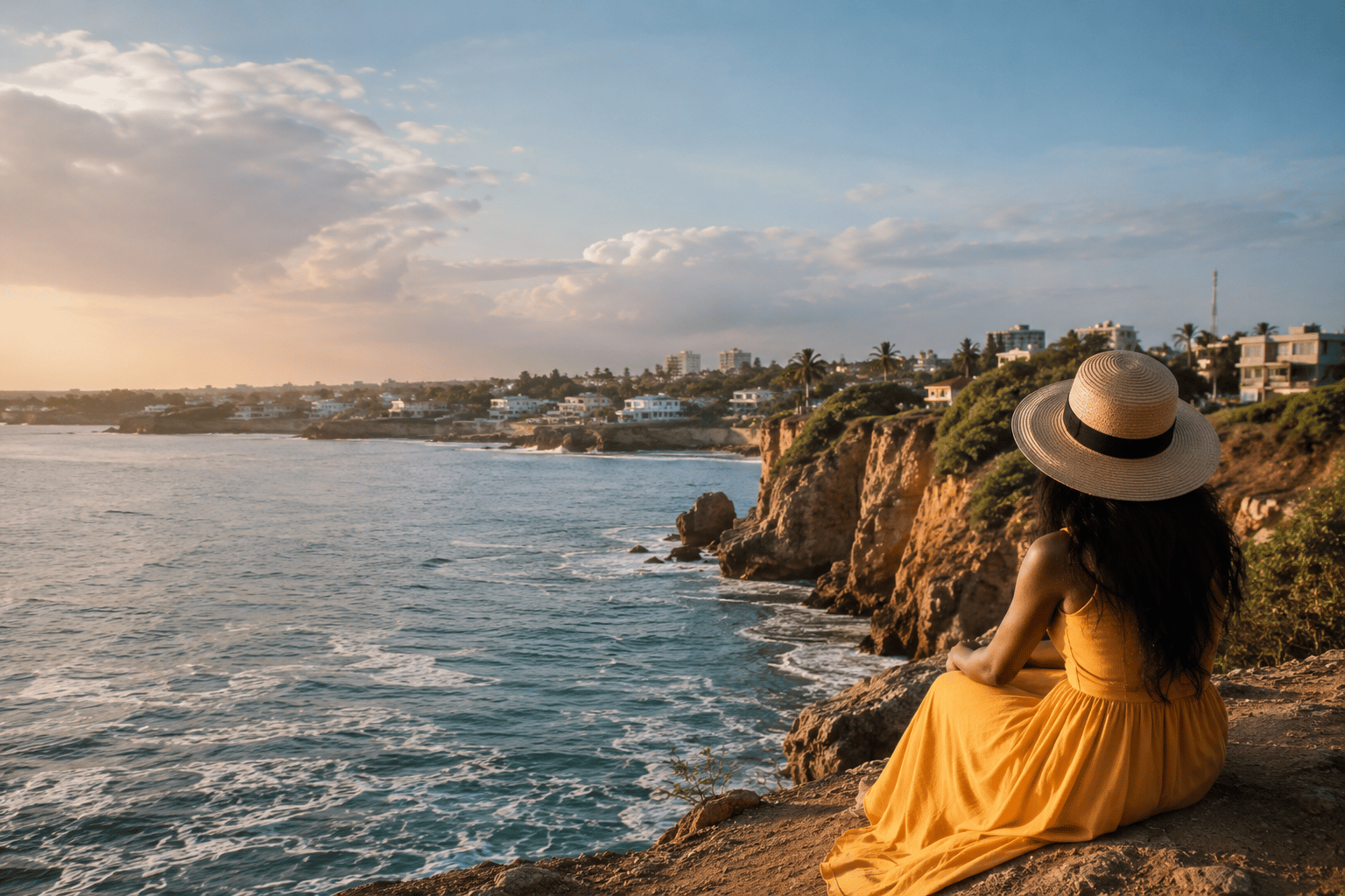 Woman overlooking a luxury coastal resort with turquoise waters, rocky cliffs, and a small boat anchored offshore at sunset.