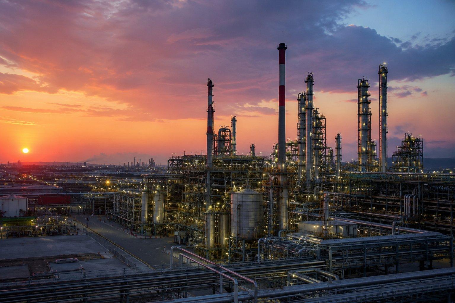 **Alt text:** *A photorealistic panoramic view of a modern African oil refinery at sunrise with towering industrial structures, pipelines and storage tanks. In the foreground, an African man and woman in safety helmets and reflective vests stand confidently overlooking the facility, symbolising Africa's industrial growth, value addition and manufacturing future.*