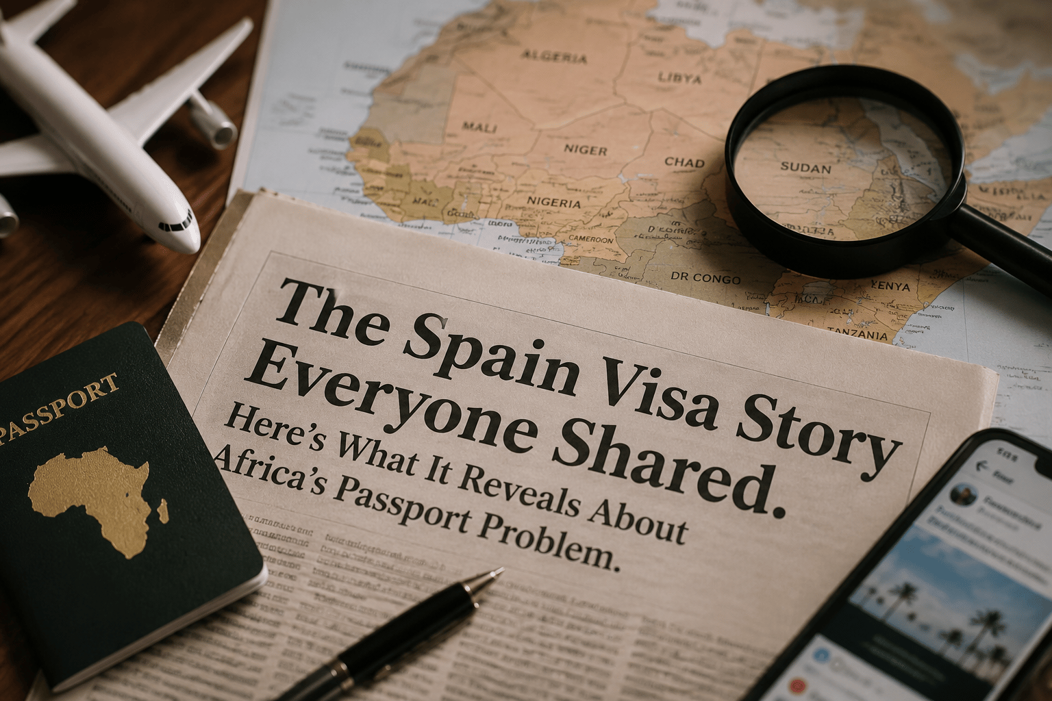 A passport placed on a newspaper beside a map of Africa, a magnifying glass, a smartphone and a model airplane, symbolising travel policy, passport mobility and country branding.
