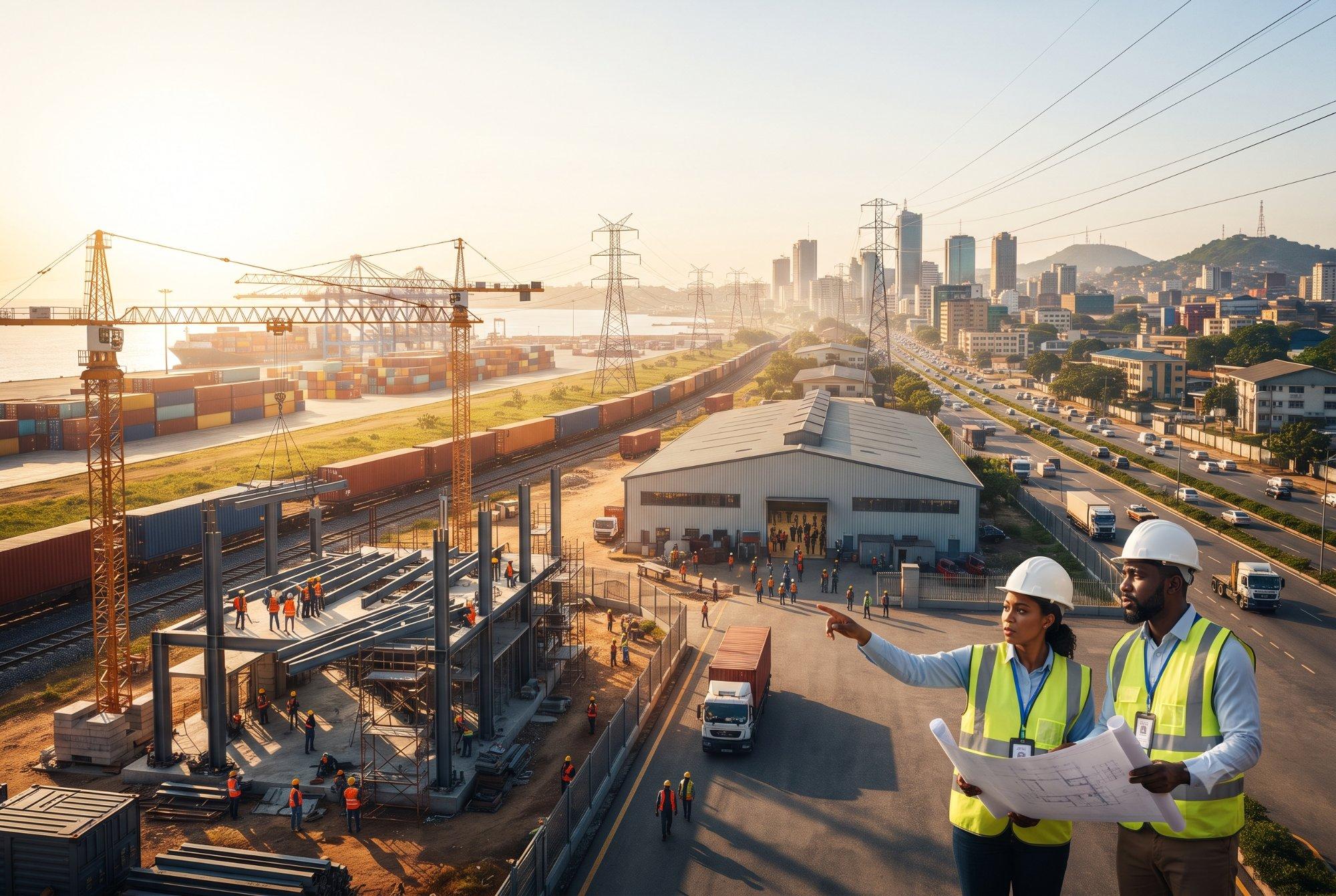 Ultra-photorealistic editorial photography of a modern African city skyline at sunrise. In the foreground, African engineers in safety gear review blueprints next to a manufacturing plant under construction with tower cranes, a completed factory, cargo trucks, freight trains, high-voltage transmission lines, and a seaport.
