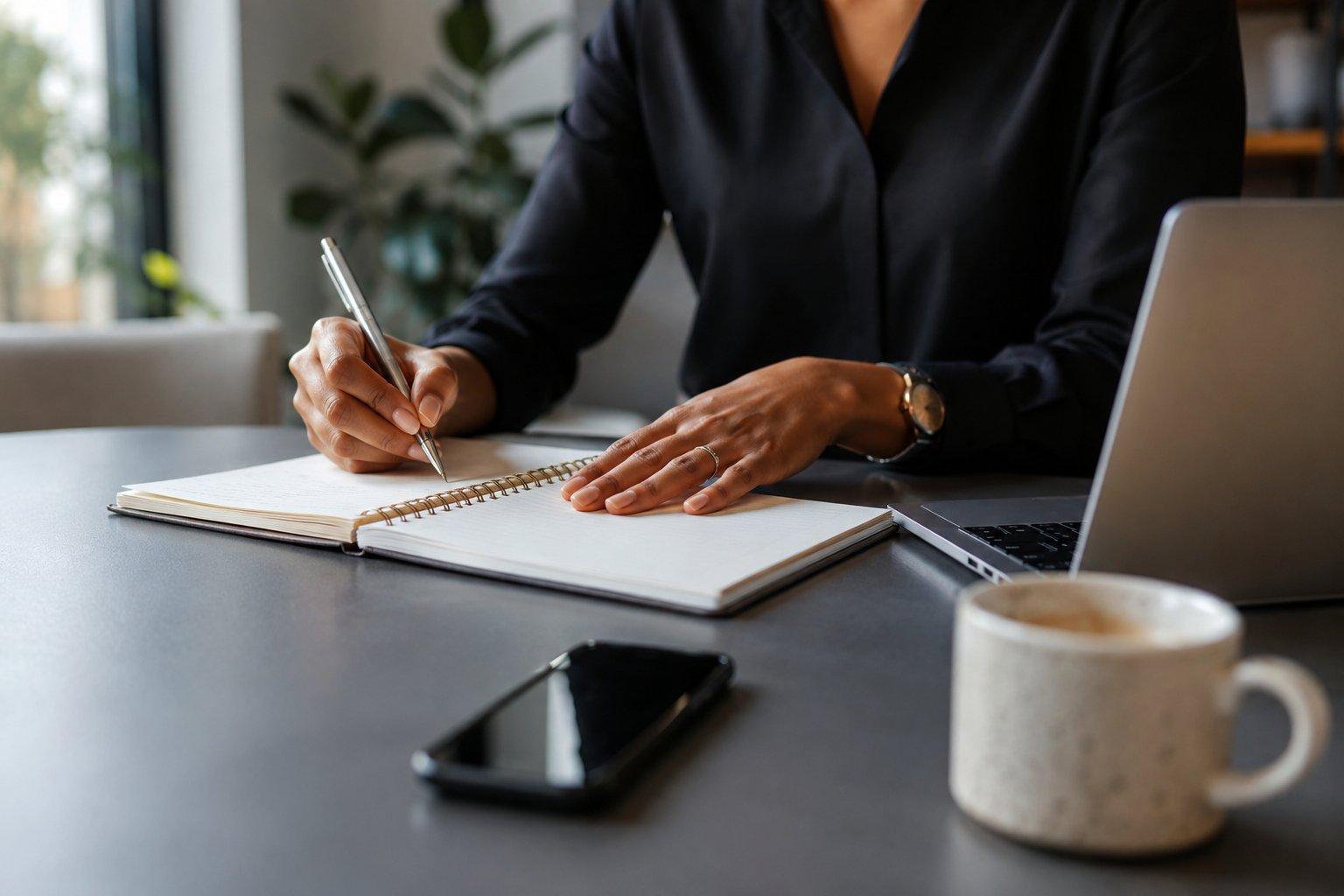 A photorealistic close-up of a professional writing in a notebook beside a laptop, smartphone, and coffee mug in a bright, modern workspace, symbolizing the intentional work of building a personal reputation and professional brand.