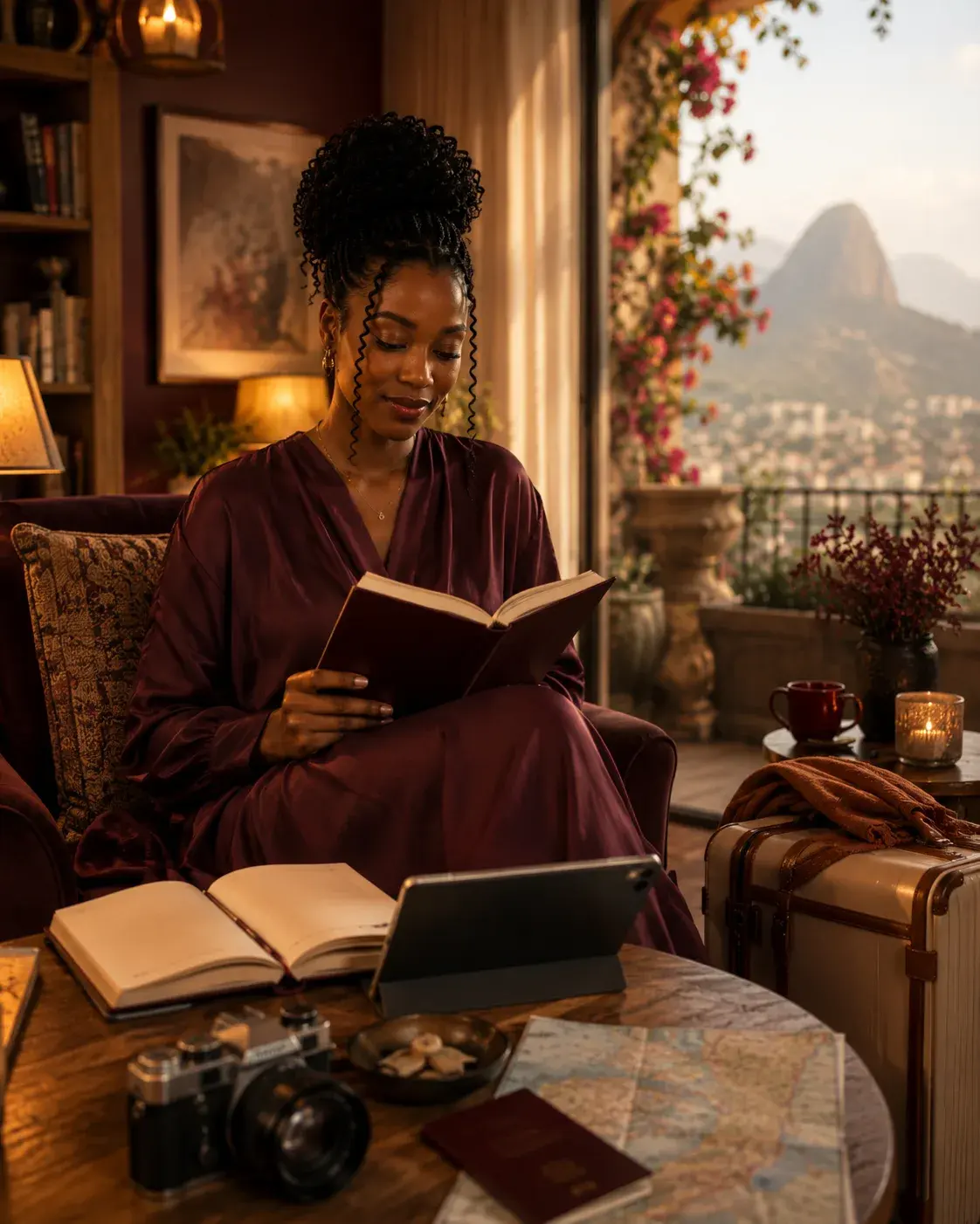 A woman reading a book in a warmly lit room, with a camera, tablet, passport and map on the table and a mountain view through the doorway