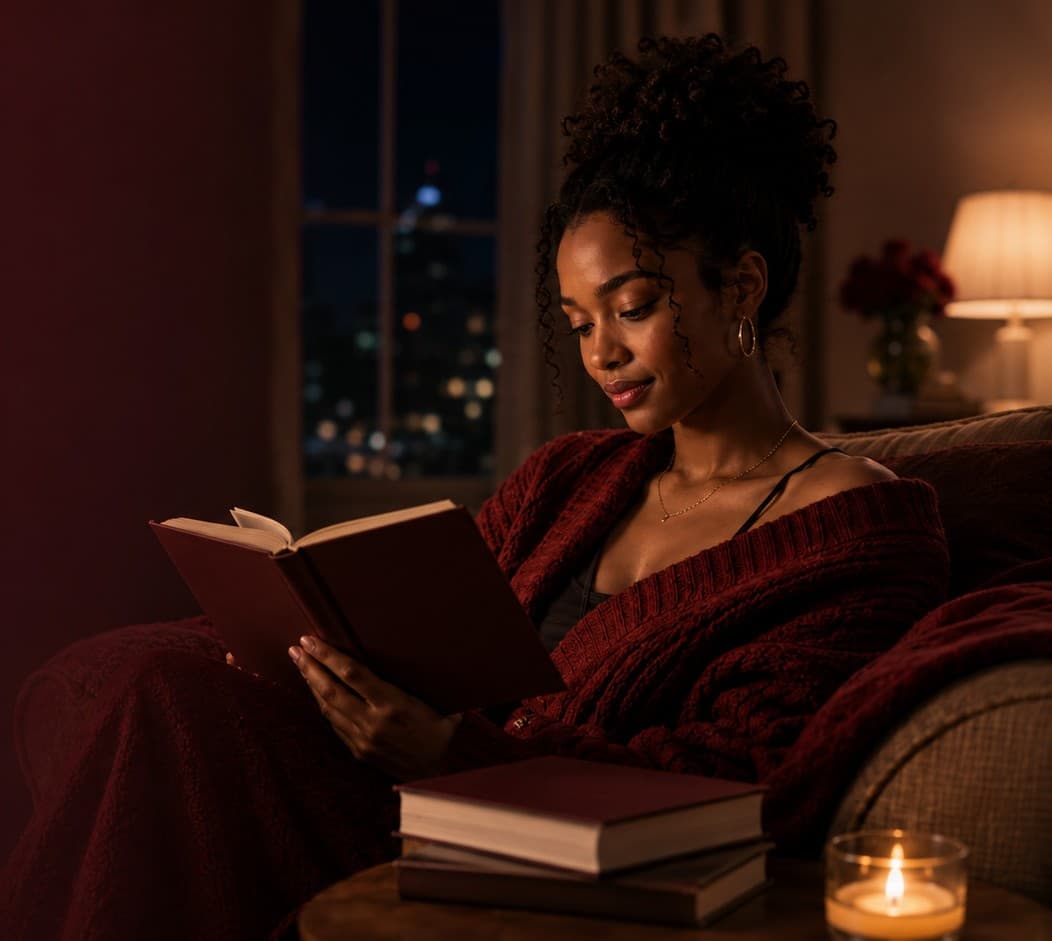 A woman reading a book by candlelight, wrapped in a wine-red cardigan on a couch at night