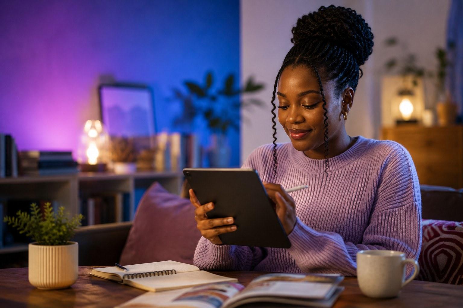A woman smiling at a tablet with a stylus, journaling in a warmly lit living room