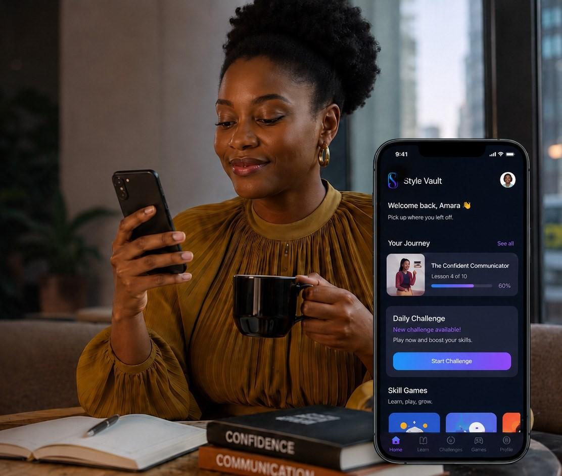 A woman smiling at her phone while holding a coffee cup, with the Style Vault app's home screen shown beside her