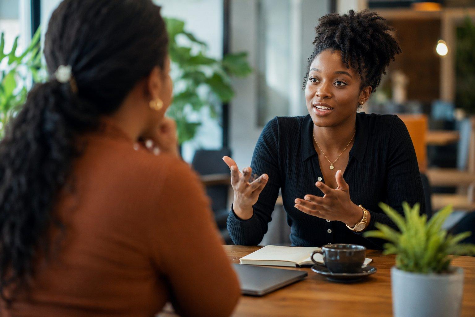 A young Black woman confidently shares a business idea across a table in a bright, modern café workspace while another woman listens attentively. An open notebook, coffee cup and laptop sit between them, capturing the moment an idea is finally spoken aloud in a collaborative, professional setting.