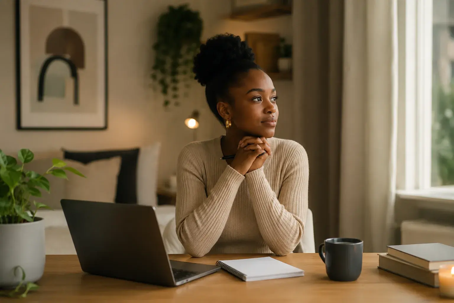 Young African woman reflecting in a modern workspace, symbolizing growth, confidence and the vision behind Ria's Colony.