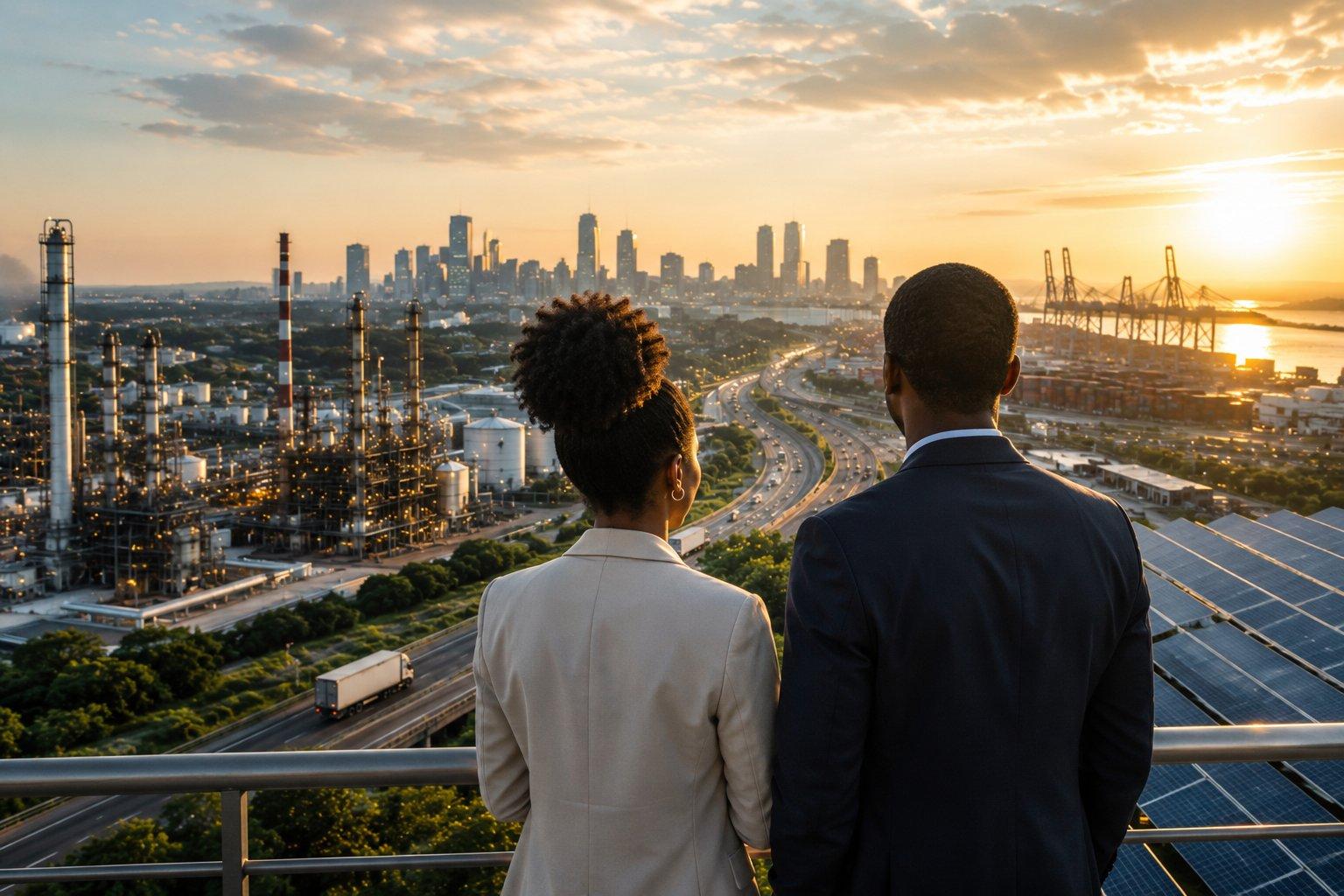 A photorealistic panoramic view of Africa's industrial future showing a professionally dressed African man and woman overlooking a modern city at sunrise. In the foreground, they face a landscape that combines an oil refinery, solar farms, highways, a shipping port and a growing skyline, symbolising infrastructure, manufacturing, clean energy, trade and innovation. The image conveys Africa's transition from exporting raw materials to building value-driven industries.