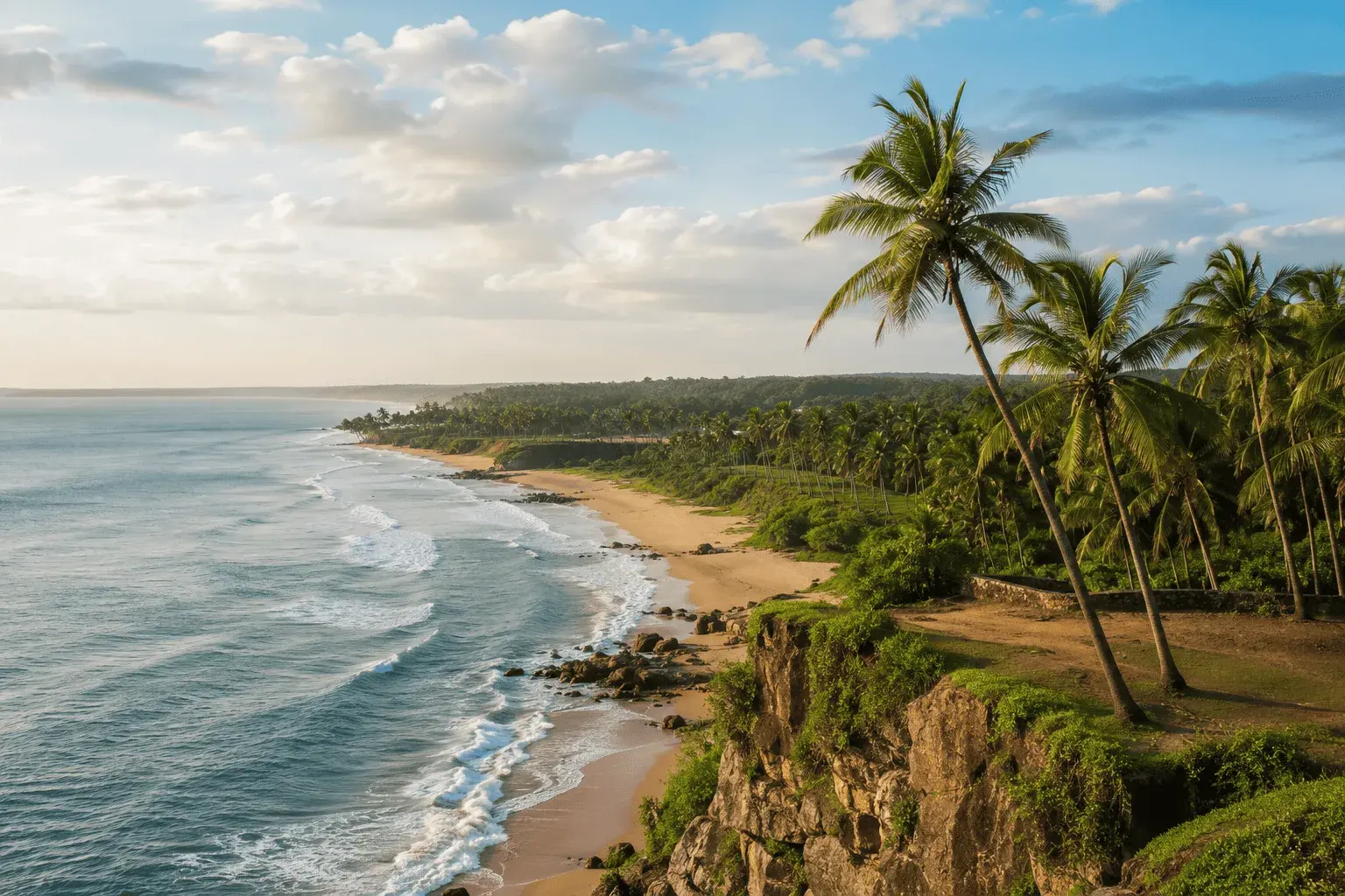 A panoramic aerial view of a pristine tropical coastline with golden sandy beaches, turquoise ocean waves, lush palm trees, and rugged cliffs under a bright blue sky. The expansive landscape is free from crowds, conveying the beauty of unspoiled coastal destinations and the importance of sustainable tourism.