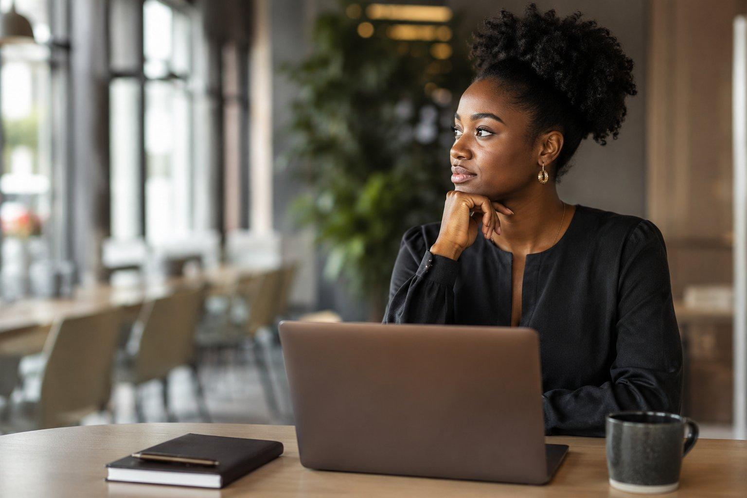 A professional Black woman sits thoughtfully at a desk with a laptop, notebook, and coffee mug, looking into the distance in a bright modern workspace, symbolizing preparation, confidence, and an upcoming career negotiation.