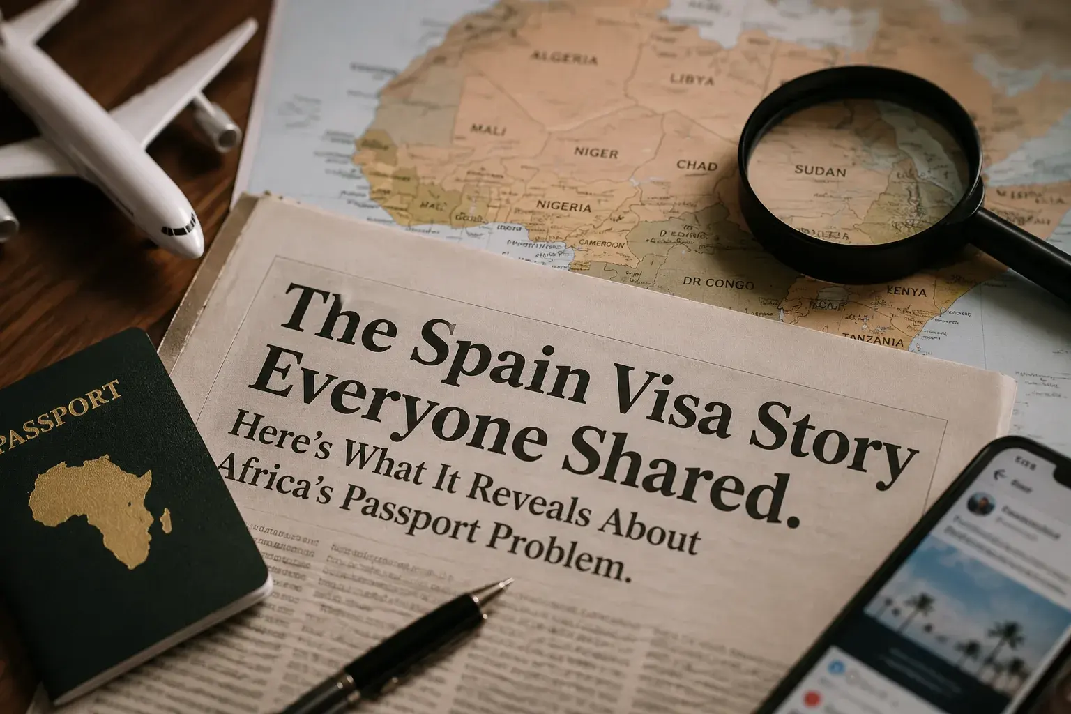 A passport placed on a newspaper beside a map of Africa, a magnifying glass, a smartphone and a model airplane, symbolising travel policy, passport mobility and country branding.