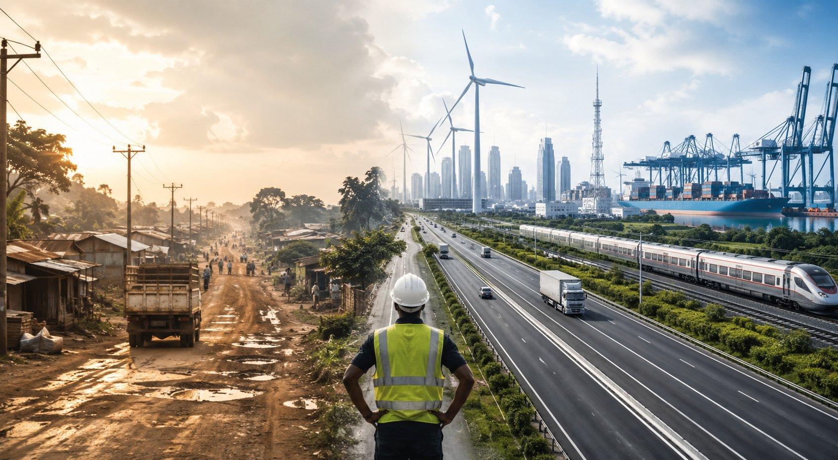 A photorealistic image of an African woman overlooking a modern African city featuring rail infrastructure, manufacturing facilities, renewable energy, shipping ports, and high-rise buildings, symbolizing Africa's economic transformation through infrastructure, industry, innovation, and sustainable growth.