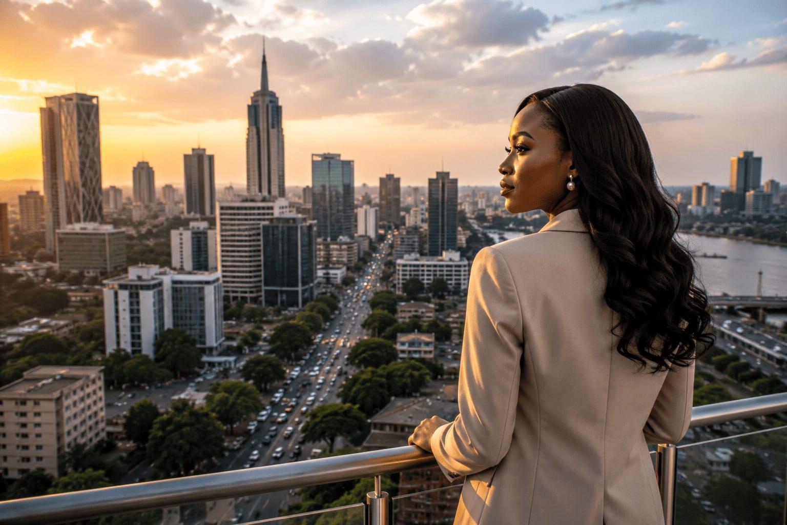 A professionally dressed African woman in a beige blazer stands on a rooftop balcony overlooking the skyline of a modern African city at sunset. High-rise buildings, busy roads and a waterfront stretch into the distance beneath a golden sky, symbolising Africa's urban growth, economic transformation and future potential.