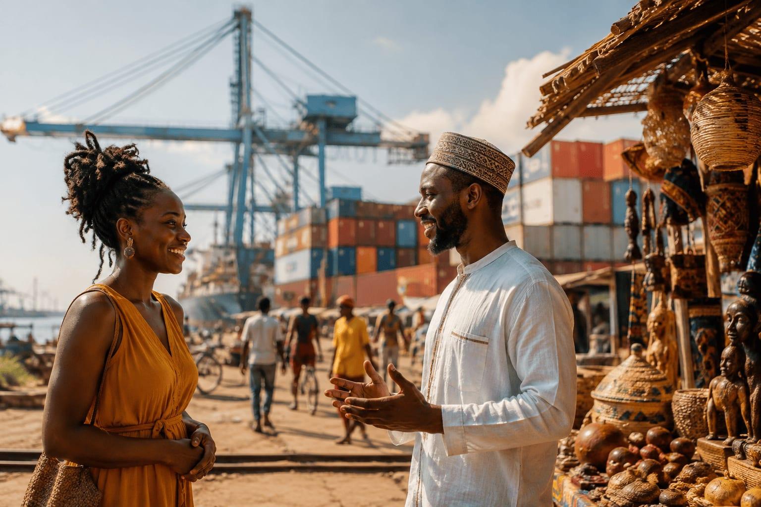 African woman and man talking at a lively African port market, with local crafts in the foreground and shipping containers and cranes in the background, illustrating the connection between tourism, trade, people and local businesses.