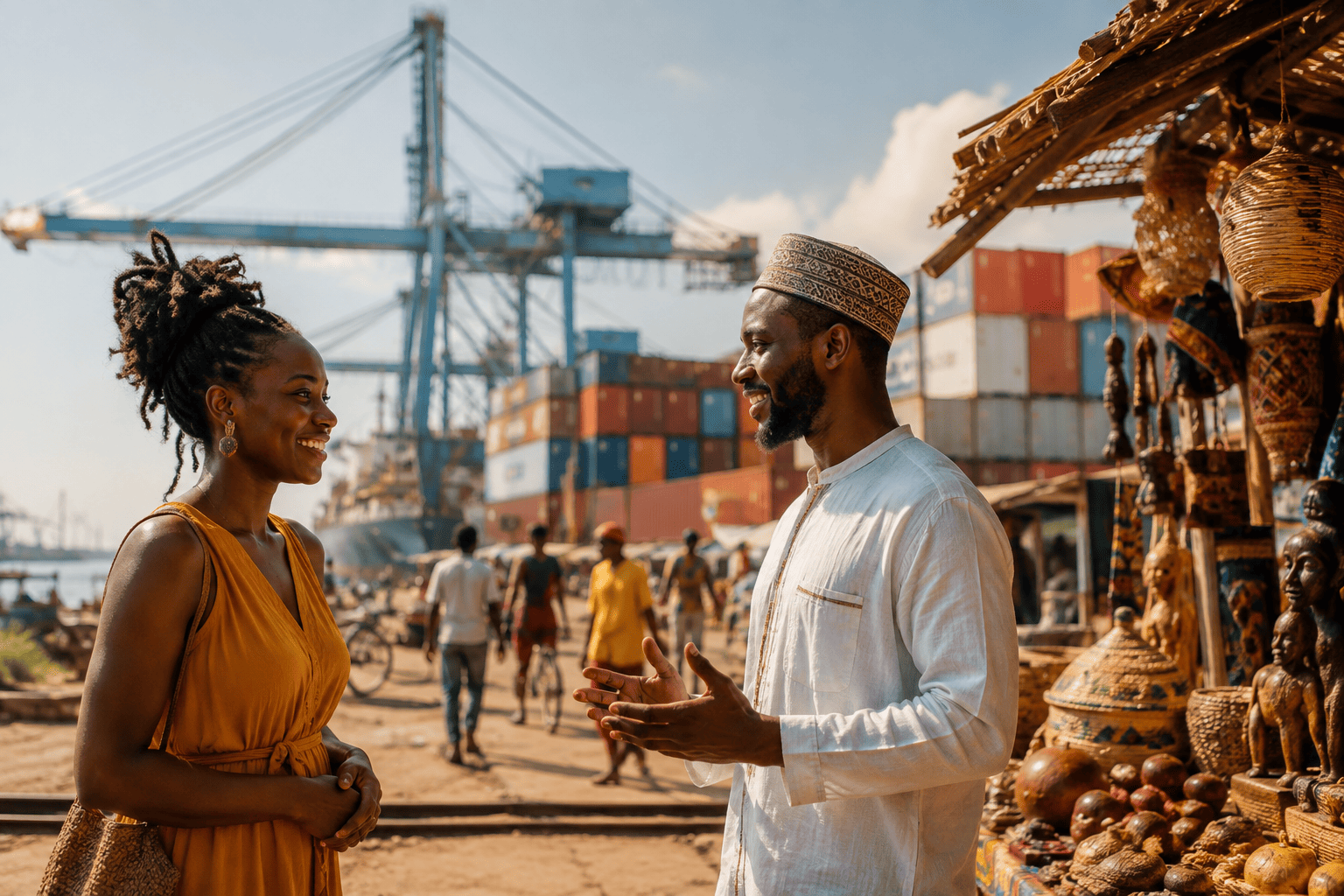 African woman and man talking at a lively African port market, with local crafts in the foreground and shipping containers and cranes in the background, illustrating the connection between tourism, trade, people and local businesses.