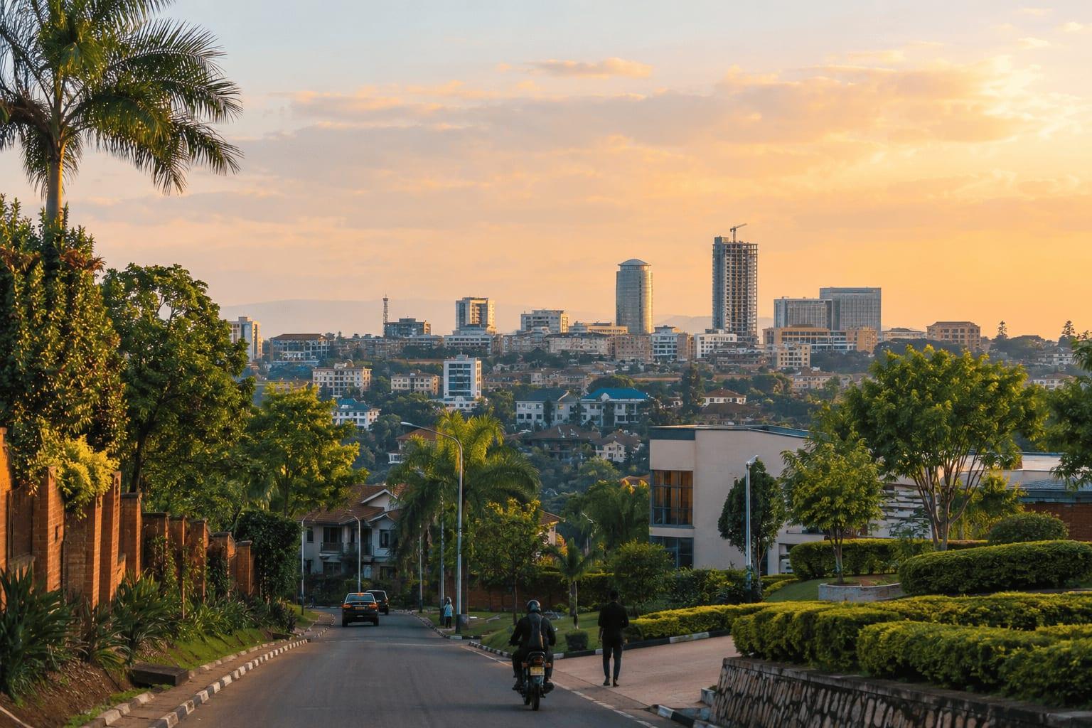 Aerial view of Kigali, Rwanda, at golden hour, showing a lush hillside road, residential neighbourhoods, modern city buildings, palm trees, and people travelling through the city.