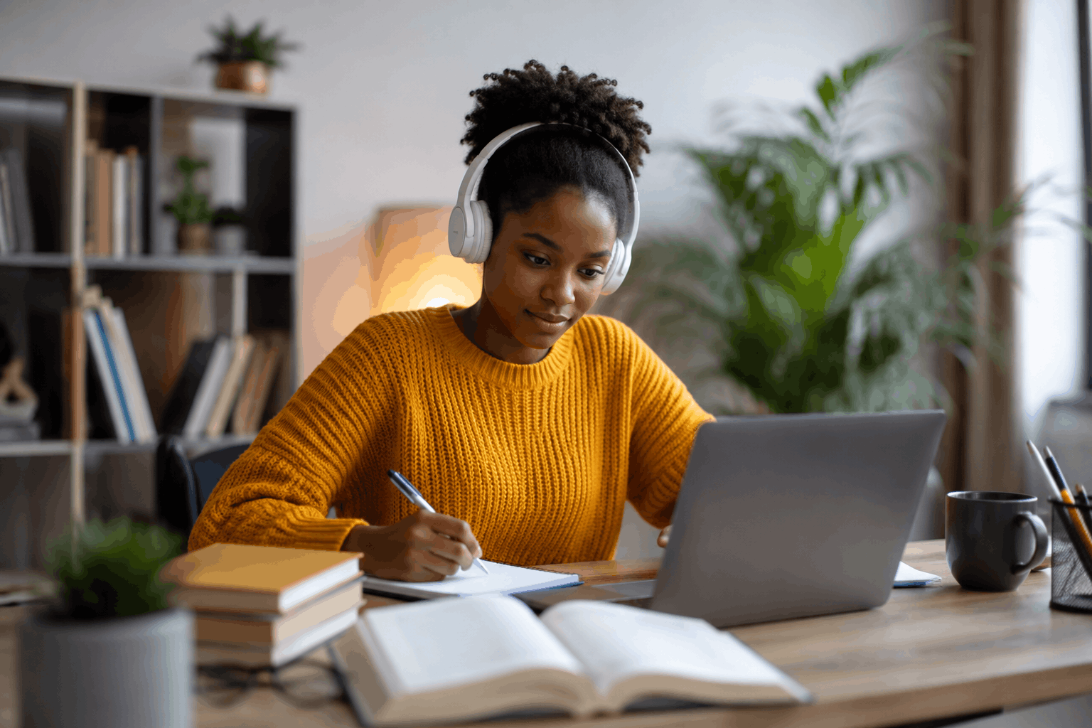 African woman taking an online course on a laptop at home