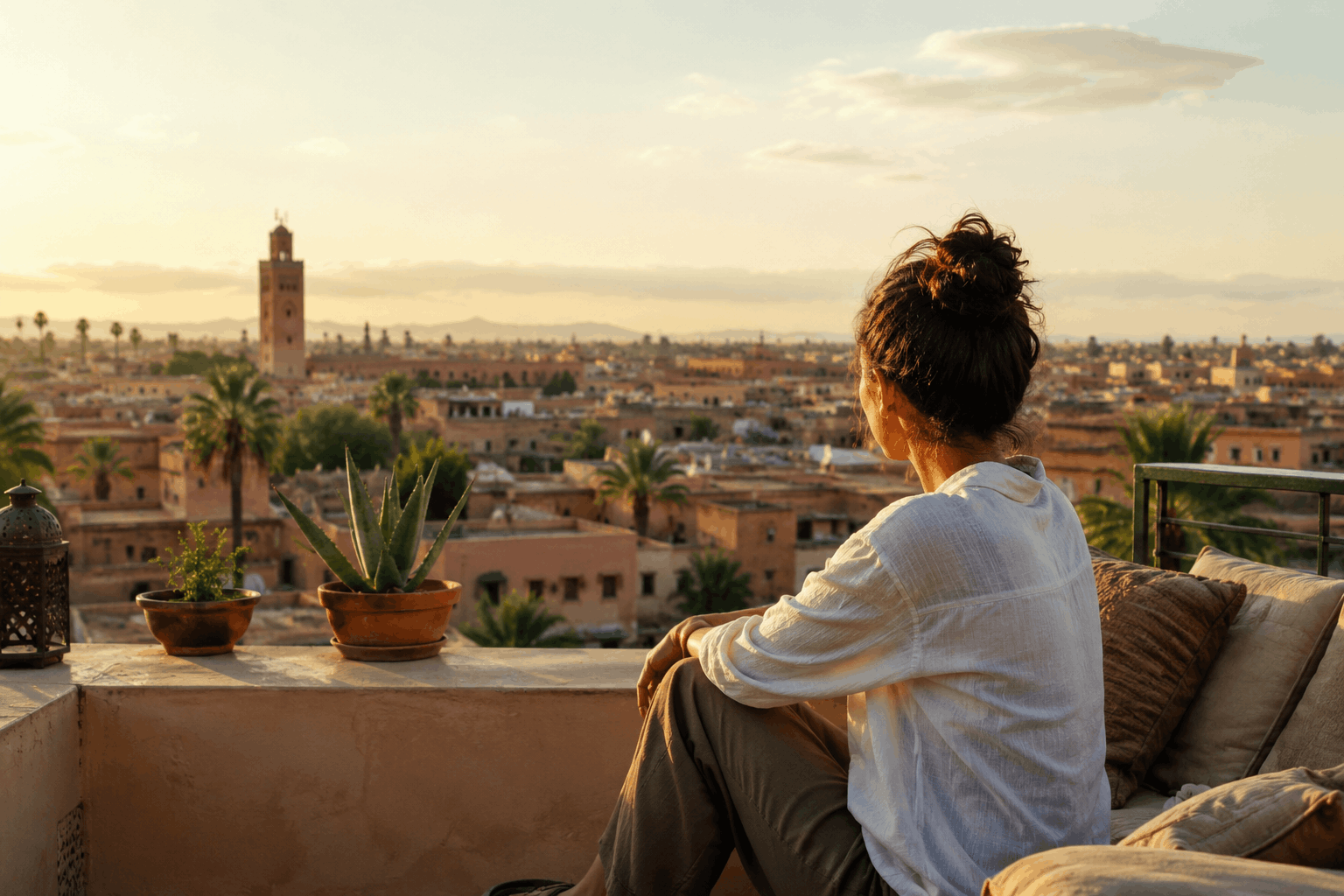Solo female traveller overlooking a Moroccan city from a rooftop terrace at sunset, representing the growth of solo travel in the Middle East and Africa.