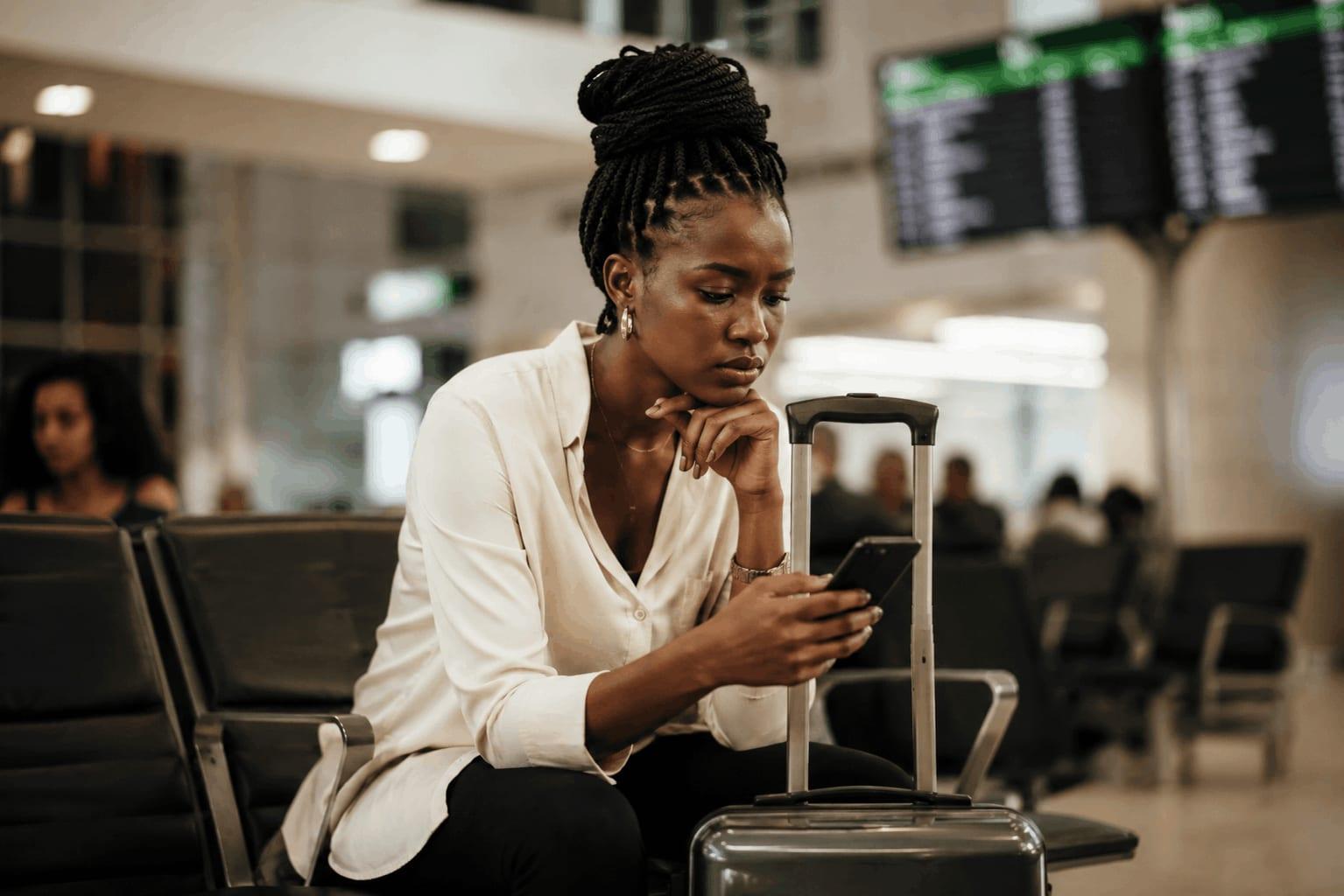 Black woman checking her phone while waiting with luggage in an airport lounge, highlighting Nigeria’s shift from visa on arrival to pre-travel e-visa approval.