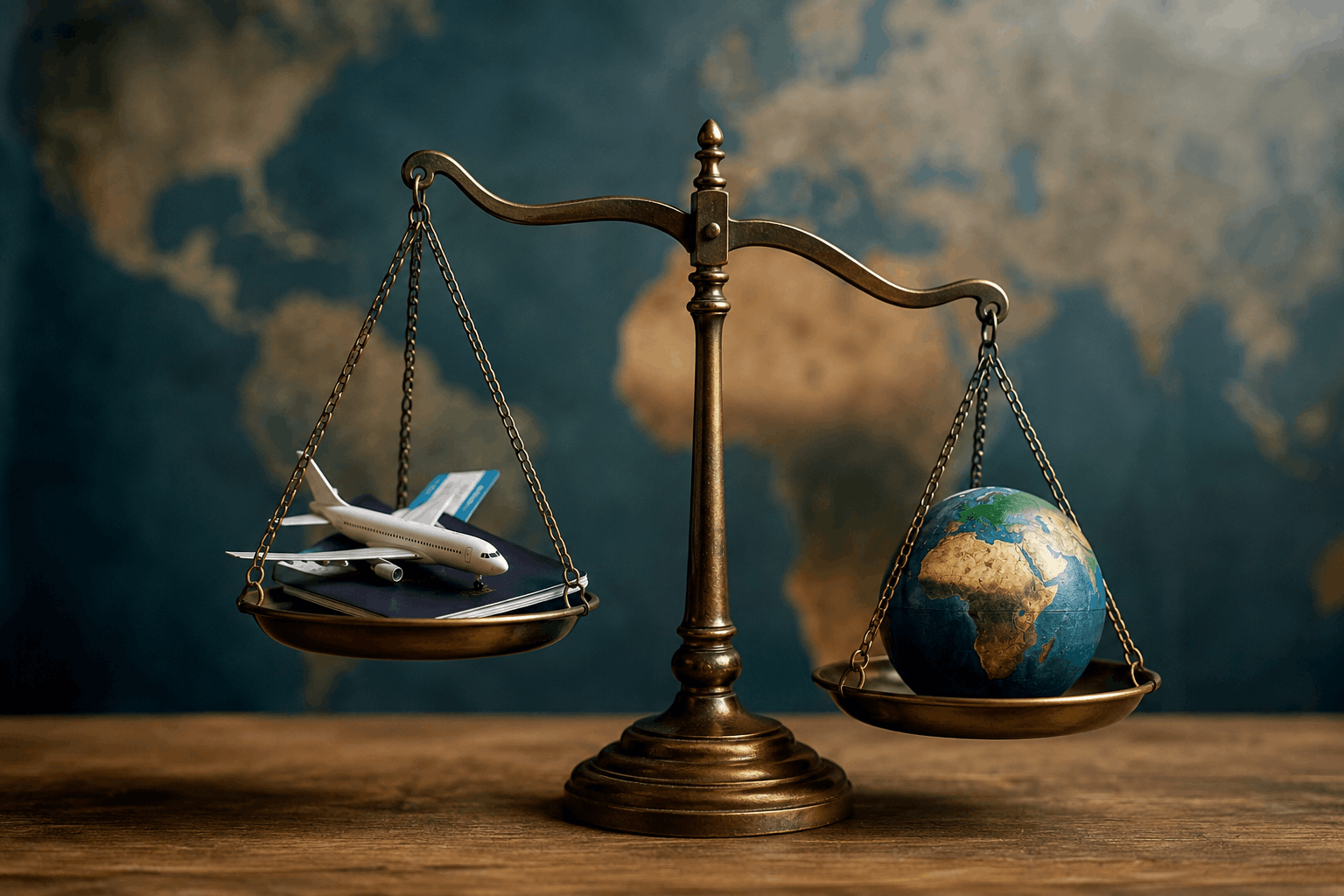 A photorealistic image of an antique balance scale on a wooden table, with a passport and model airplane on one side and a globe highlighting Africa on the other. A blurred world map in the background creates a dramatic visual representing the balance between border policies, travel access, and global mobility. The image conveys themes of visa openness, digital border controls, and international travel without using any text.